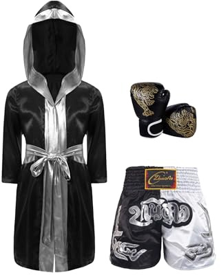 Eandarui Traje Wushu para niños, traje de fitness de manga larga, satén boxeo, bata con boxeador, pantalones cortos, guantes de MMA, Sanda, conjunto de ropa de chándal, Negro y plateado., 146/152 cm