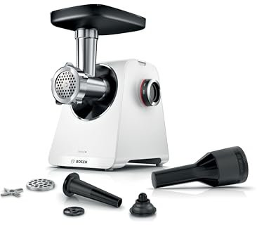 Bosch MFWS607W Hachoir à viande série 6 3,5 kg/min, 2 disques perforés (4,5 et 8 mm), 2 niveaux, retour, pousse-saucisses, embout kebbe, moteur 10 J, engrenage planétaire, blanc