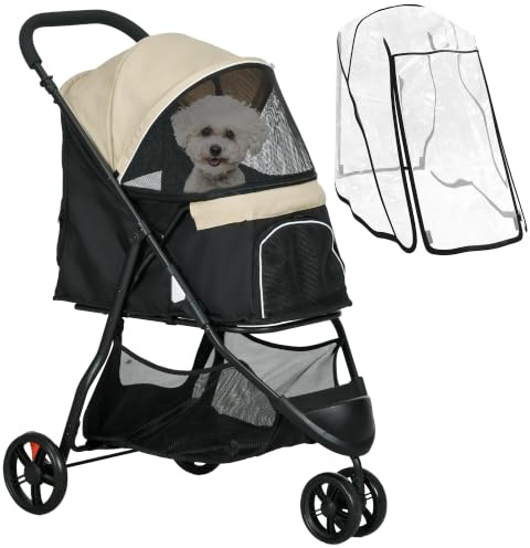 PawHut Hundewagen 2 in 1 klappbar für Hunde & Katzen bis 10 kg Dunkelgrün | Hundebuggy, Katzenbuggy, mit Kissen, Netzfenstern, Türen, Aufbewahrungskorb, Katzenwagen, Buggy