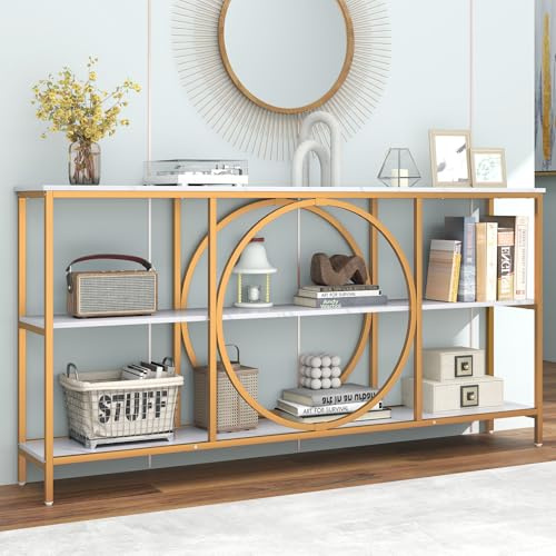 GIANTEX Konsolentisch Marmor Gold, Eingangstisch 180 x 30 x 90cm Groß, Flurtisch 3 Ebenen mit Metallrahmen, schmaler Beistelltisch Couchtisch Sofatisch Wohnzimmertisch, Langer Sideboard Tisch Anrichte
