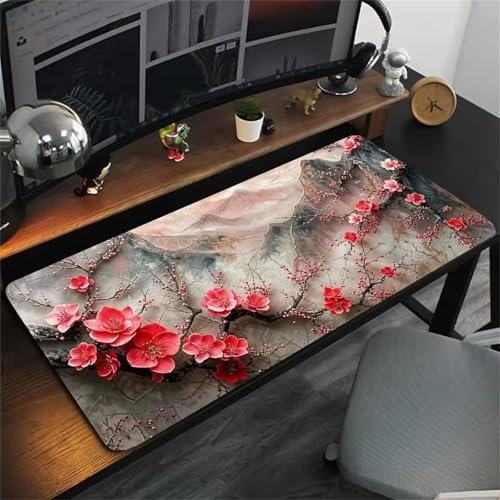 Tapis de Souris Gaming XXL Mouse Pad 1500x800x2 mm Tapis de Bureau Grande Taille avec Coutures sur Les Bords Grand Tapis de Souris pour Gamer, Ordinateur, PC (Fleurs Roses Montagnes)