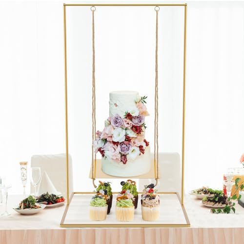 Lallisa 2.8 Feet Gold Floating Cake Stand, Cake Hanging Stand for Backdrop | Hanging Dessert Display Centerpiece with Jute Rope Floating, Stand for Wedding Birthday Anniversary Baby Shower Decorations