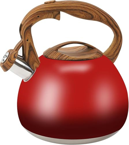 Foedo Bouilloire sifflante en acier inoxydable avec poignée en grain de bois, bouilloire sifflante pour faire bouillir de l'eau, du café et du lait, bec verseur facile à verser (rouge) 3,1 l