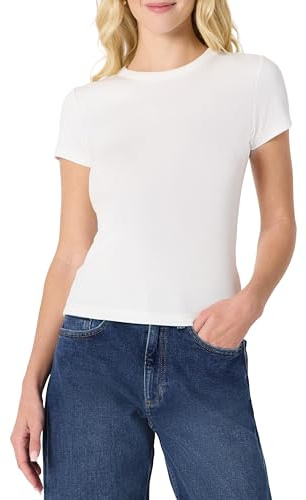 Amazon Essentials Haut Ajusté à Manches Courtes en Maille Côtelée Extensible Femme, Blanc, M
