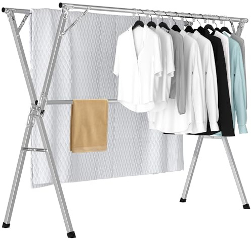OUUTMEE Séchoir à Linge Pliable pour Intérieur et Exterieur, Étendoir a Linge en Acier Inoxydable, Séchoir à Linge Extensible de Grande Capacité avec 20 Crochets Coupe-Vent (Argent) (150CM)