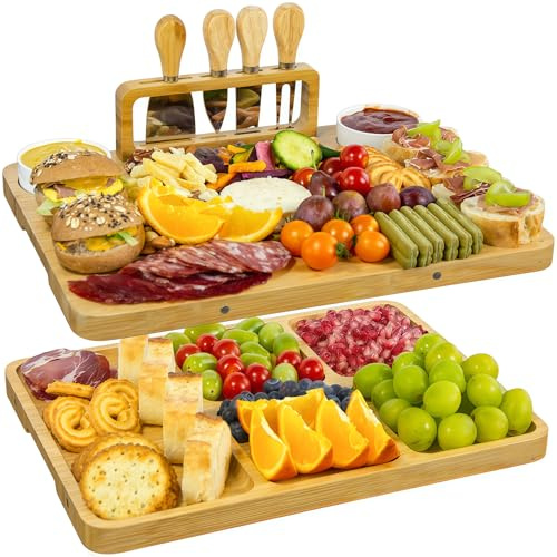 Großes Bambus Charcuterie Board Set (40x30x2 cm) Käsebrett & Platten Zubehör mit Messern für Gesellschaften | Hochzeits, Junggesellinnenabschied- & Einzugsgeschenke für Frauen und Paare