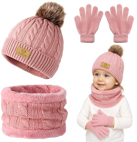 Winmany 3PCS Kinder Winter Mützen Handschuhe Schal Set Kleinkind Fleece Halswärmer Beanie Mütze mit Pom Strick Fäustlinge Set für Mädchen Junge