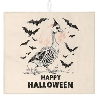 Halloween Dish Drying Mats For Kitchen, Spooky Skeleton Duck Absorbent Drainer Mat, Vintage Gothic Microfiber Pad For Counter Bar Protector 16x18 Inch