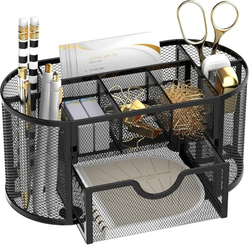 SUPEASY Mesh Desk Organiser, Desk Accessories & Workspace Organisers with Drawers, Pencil Holder with 9 Compartments for Office Supplies, 8.6 x 4.3 x 4.1 Inch(black)
