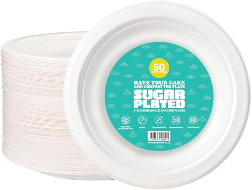 Strong Disposable Paper Plates, 9 Inch Round, Heavy-Duty Disposable, 100% Compostable Bagasse Plates, Eco-Friendly (50)