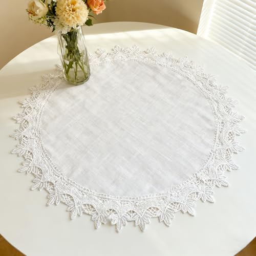 URROMA Centrino rotondo in lino da 60 cm, motivo floreale con foglie beige, decorazione da tavolo, decorazione ricamata, tovagliette rustiche, per casa, sala da pranzo, tovaglia da cucina
