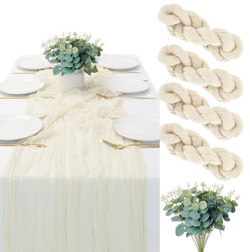 4 Stück Musselin Beige Seihtuch Tischläufer 90 x 300cm, Musselin Tischläufer Seihtuch mit 10 Eukalyptuszweig, Langen Halbschuhen Boho-Tischläufers für Hochzeit, Brautdusche, Party, Bankettdekoration