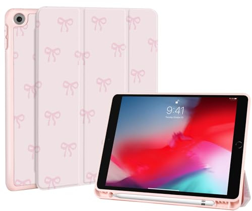 Fycyko Etui för iPad 9./8./7. Generation 2021/2020/2019, Etui för iPad 25,9 cm (10,2 tum) med Pennhållare, Söt Trifold-mönster med Snöre och Anti-skrapsstöd, Rosa Estetisk Skydd för 9./8