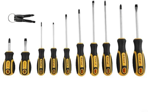Juego de 10 destornilladores magnéticos con mango de goma para tornillos Phillips y de cabeza plana, construcción de acero al cromo vanadio, TPR Com (12 piezas)