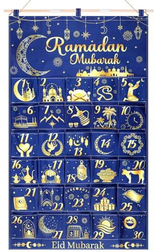 Haiabei Ramadan Adventskalender zum Befüllen, Eid Mubarak Hängekalender, Überraschungskalender mit 30 Taschen, wiederverwendbarer Stoff für Wanddekoration, Partygeschenk