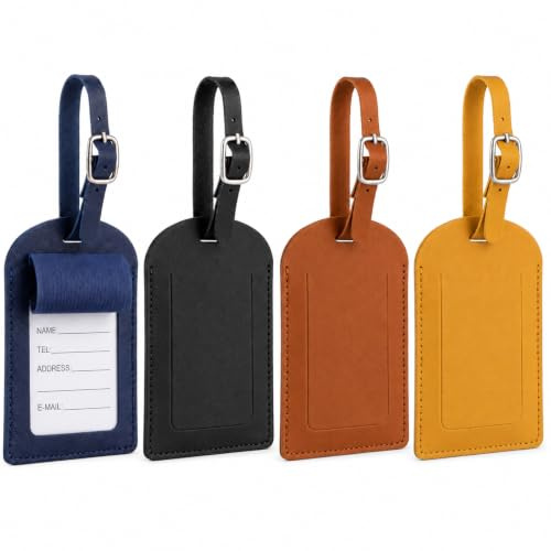 DOPENSPI 4 Pcs Faux Leather Luggage Tags with Privacy Protection Cover, Luggage id Tags Labels Identifiers Travel Tag with Adjustable Stainless Steel Buckle for Suitcases Bags Travel Accessories