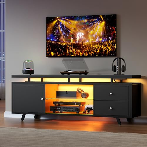 Gyfimoie TV Stand for 65 Inch TV, LED Light Entertainment Center with Power Outlet and Storage Drawers & Cabinets, Modern Wood Media TV Console with Glass Shelves for Living Room Bedroom (Black)