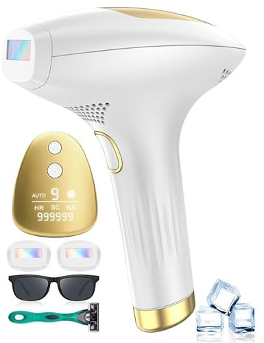 Depiladora Laser, Indolora IPL con Refrigeración, Depiladora Luz Pulsada 3 en 1 HR/SC/RA con 9 Niveles de Energía, 999999 Flashes, Modo Manual y Automático, para Mujer Hombre, Rostro, Bikini, Cuerpo