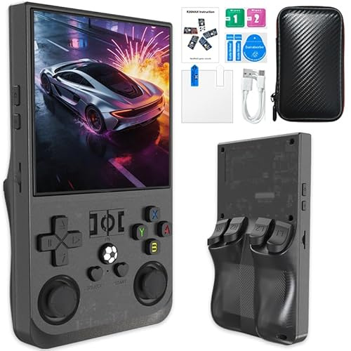 R36MAX Handheld-Spielkonsole, 128GB mit 30.000 Spielen,tragbare Handheld-Videospielkonsole, 4-Zoll-IPS-Bildschirm, über 30 Emulatoren und Linux-System mit Speichertasche (Schwarz, 128, GB)