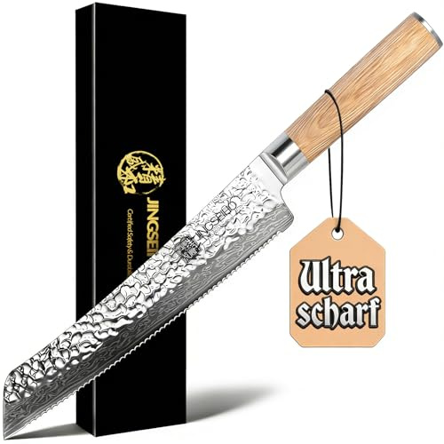 Japanskt brödkniv med vågslip 26 cm, VG-10 damaststålsklinga med extra lång skärpa, perfekt brödskärare för knaprigt surdegsbröd