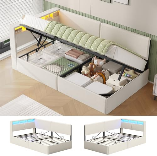 AOGLLATI 3ft Single Bed Frame with Hydraulic Storage, Charging Station and LED Lights, Single Ottoman Bed with Storage Headboard, Reversible Left/Right Hand Assembly, Beige Linen (Single-90x190cm)