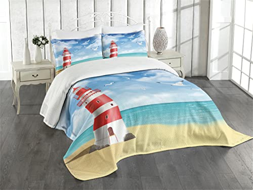 ABAKUHAUS Strand Tagesdecke Set, Leuchtturm Möwen Ozean, Set mit Kissenbezügen Romantischer Stil, für Doppelbetten 220 x 220 cm,Vermilion Blue