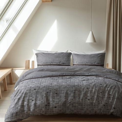 Sleeptime Bettwäsche 3teilig 200cm x 200 cm - Gute Nacht Mein Liebling - weich & bügelfrei Bettbezüge mit Reißverschluss - graue Bettwäsche Set aus Baumwolle - 2X Kissenbezug 80x80cm