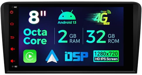 XTRONS 8 Zoll Android 14 Autoradio Octa Core 2GB 32GB 4G LTE Car Play Android Auto DSP WIFI Bluetooth 5.0 GPS USB 1280*720 HD IPS-Bildschirm Optional DAB+ DVR TPMS OBD AHD Kamera für Audi A3 8P S3 RS3