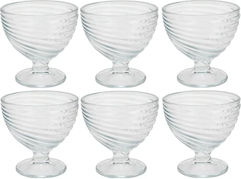 Cheerful Bargains Set of 6 Large Glass Ice Cream Bowls, 10cm - Clear Swirl Pattern Sundae Dishes - Suitable for Ice Cream, Fruit Salad, Sauces - Dishwasher, Freezer, Microwave Safe