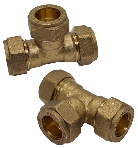 Pipestation® 15mm Brass Compression Tee Pipe Connectors for Copper Pipe - Pack of 2
