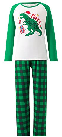 Family Matching Christmas Pajamas Cartoon Dinosaur Print Long-Sleeved Tops and Elastic Waist Plaid Pattern Pants (Green Mom, M)