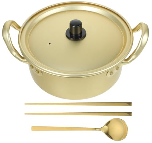 Operitacx Korean Noodle Pot Double Handle Soup Pot for Ramen Cooking Aluminum Camping with Spoon and Chopsticks 7.08 X 6.29 X 2.75 in for Grill or Alcohol Stove