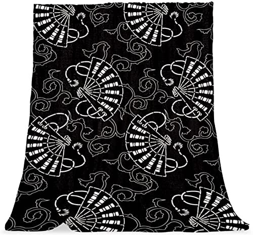 TBOUOBT Bedding Fleece Blanket, Decorative for Bedroom Sofa Floor, Black White Retro Fan Japanese System