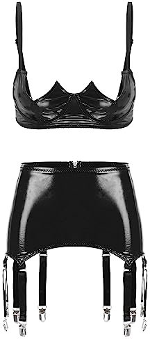 CHICTRY Woman's 2 Piece 1/4 Cup Balconette Shelf Bra Mini Skirt Garter Belt Set Lingerie Set 3# Black S