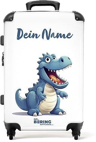 NoBoringSuitcases.com® Koffer personalisiert, Kinder Koffer, 67x43x25cm - Reisekoffer Kinder, Koffer Kinder Jungen - Hartschalenkoffer - Blauer Dinosaurier - Mittelgroß mit Rollen - Koffer mit Namen