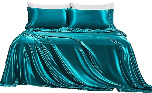 Juego de SáBanas de Seda 100% para Cama de Matrimonio, Suave y Sedosa, de Lujo y Sin Arrugas, Bolsillo Profundo de 14, Juego de 4 Piezas con 2 Fundas y 1 SáBana Bajera y 1 Encimera (Color : Natural