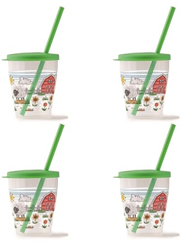 Snips, 4 Gobelets avec paille, 0,385 litre, Verres pour enfants, Verres réutilisables, Décoration Ferme, Fabriqué en Italie, 0% de BPA.