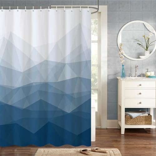 MIRRORANG 140x180cm Blauer Stoff Duschvorhang Marine-Ombre Geometrisch Berg Duschvorhang für Badezimmer Wasserdichtes Polyestergewebe Set mit Haken