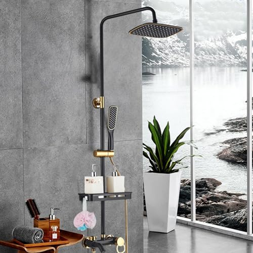 KEESUNG Duscharmatur Schwarz Gold, Badezimmer Duscharmatur Satz Regendusche Duschsystem Kopfbrause Handbrause HöHenverstellbar Duschstange mit großer Regendusche Duscharmatur