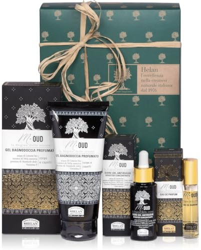 Helan, M Oud - Cofanetto con Profumo Uomo 10 ml + Shampoo e Bagnoschiuma Gel con Mandorle Dolci e Vitamina E 200 ml + Siero Viso Contorno Occhi Antirughe con Retinolo, 30 ml - Ideale per Regalo Uomo