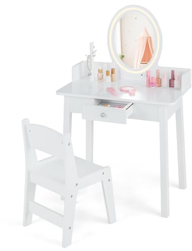 COSTWAY Toeletta Trucco 2 in 1 per Bambina, Specchiera Staccabile per Ragazza in Legno con Sedia, Cassetto e Luci LED Regolabile, Postazione Trucco per 3 Anni, 60 x 35 x 96 cm, Bianco (Bianco)