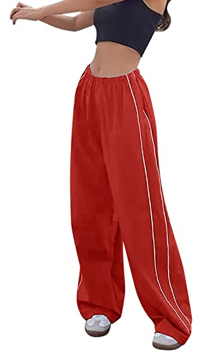 Streetware Hip Hop Schwarz Damenhose Locker Lang Mädchen Retro Sporthose Baggy Elastisch Taille Hosen Outdoor Jogging Mode Frauen Casual Sport Outdoorhose Langes Damen Jogginghose (Red, L)