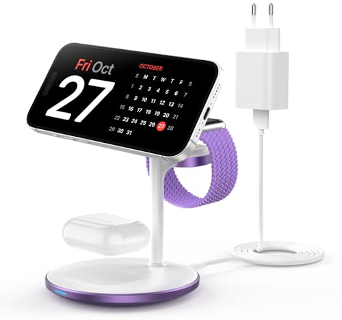 Estación de Carga inductiva 3 en 1 para Varios Dispositivos, estación de Carga mag-Safe de 15 W para iPhone 15 14, Cargador mag-Safe para iWatch Ultra 2/1/Series 9, AirPods, Morado