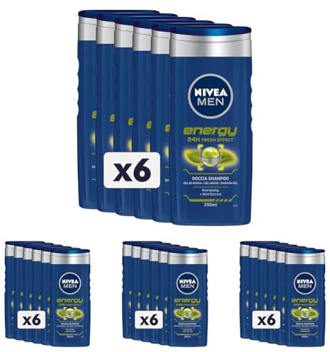 NIVEA MEN Energy Duschshampoo 6 x 250 ml, revitalisierender Duschschaum für Körper, Gesicht und Haare, erfrischend mit Minzextrakt (Packung mit 4)