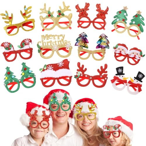 Itoyx Weihnachtsbrillen,12 Stück Partybrillen Set fotobox weihnachtsassesoires weihnachten brille weihnachtsmützen weihnachtsverkleidungen Kinder Partybrillen Lustige Brille für Partydekoration