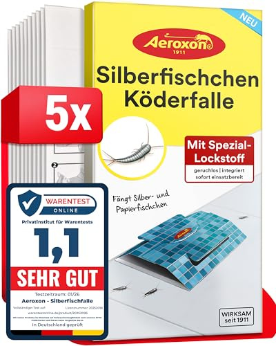 Aeroxon Silberfischfalle 5 Stück, gegen Silberfische und Papierfische | Insektizidfreie Klebefalle mit starker Klebekraft, bis zu 3 Monate wirksam, ideal für Bad, Küche und Keller