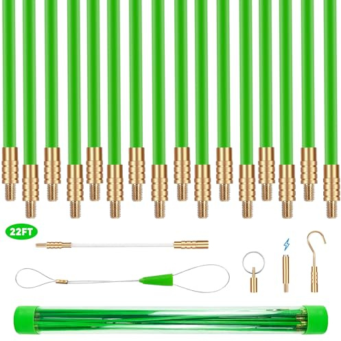 YIYITOOLS 22FT Fiberglass Wire Puller Kit-Fish Tape Fiberglass Rods with Brass Connectors&Low - Friction Design - Ideal Fishing Wire for Running Electrical, Ethernet, TV, and Speaker Cables in Walls
