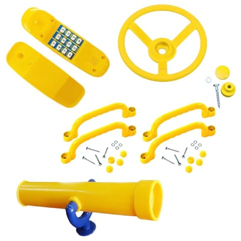 Milageto Kids Playground Toy Steering Wheel Child Climbing Frame Kits Kids Toy Kits Handle Telescope Toy Outdoor Playset for Ages 3+, yellow