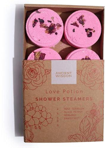 Zen Shower Steamers Therapy Wellness Gift Set – Love Potion Aromatherapy – All-Natural Essential Oils Rose Geranium, Black Pepper, Bergamot, Grapefruit & Rose Petals – Vegan & Cruelty-Free – Handmade