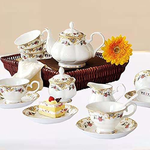 EWWPMSAF Juego de té para Adultos, Taza de té Inglesa Vintage y platillo de 6 Piezas, Juego de té de la Tarde británico con Tetera y Jarra de Crema